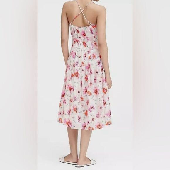 Banana Republic Pintuck White Pink Floral Spaghetti Straps Cross Midi Dress - Picture 3 of 16